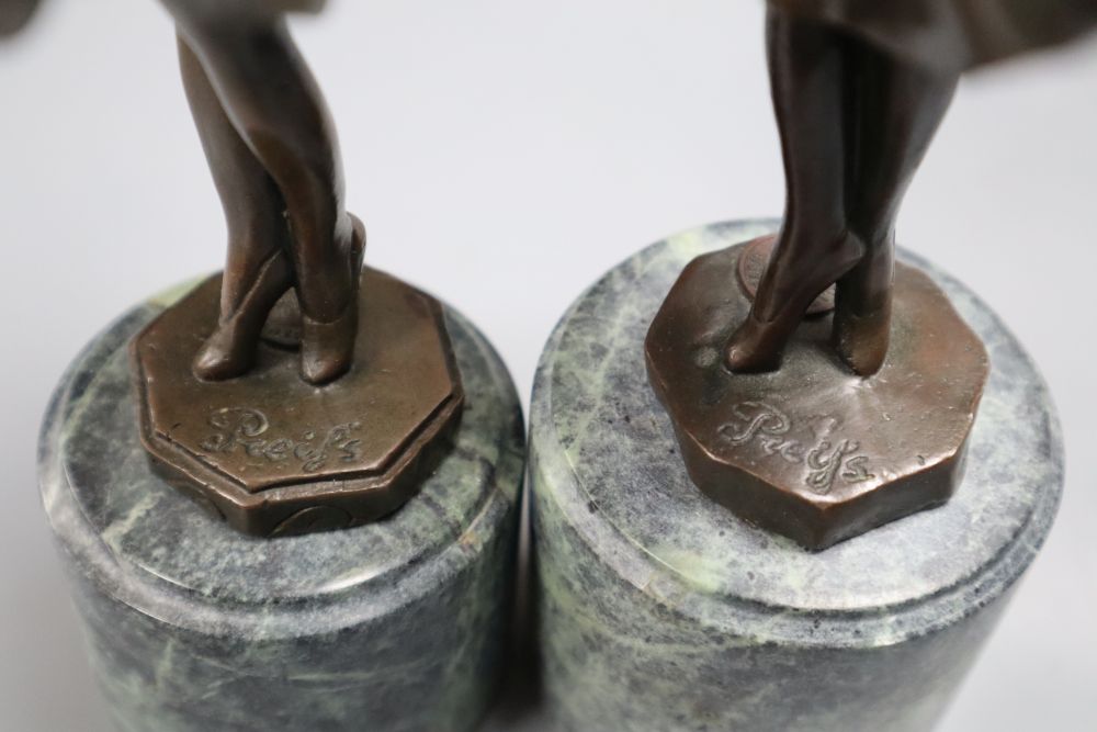 After Preiss - A pair of modern French bronzes of dancing girls, on marble plinths, 26cm high